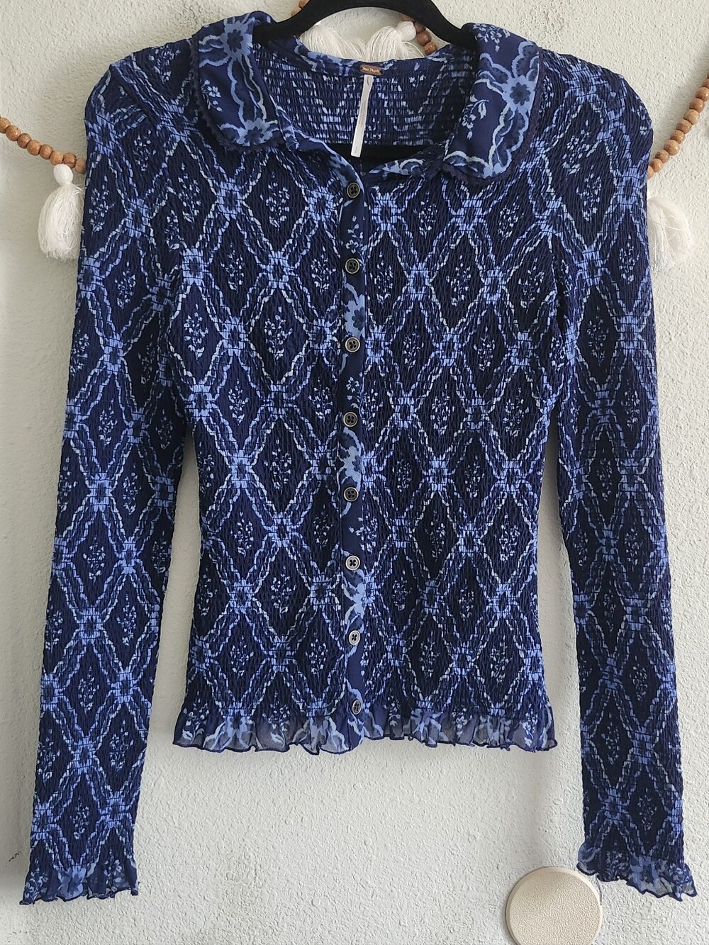 Free People Blue Boho Stretchy Button Up Blouse